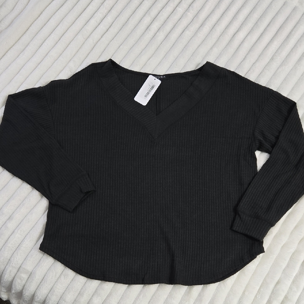 Dark Grey V-Neck Ribbed Sweater